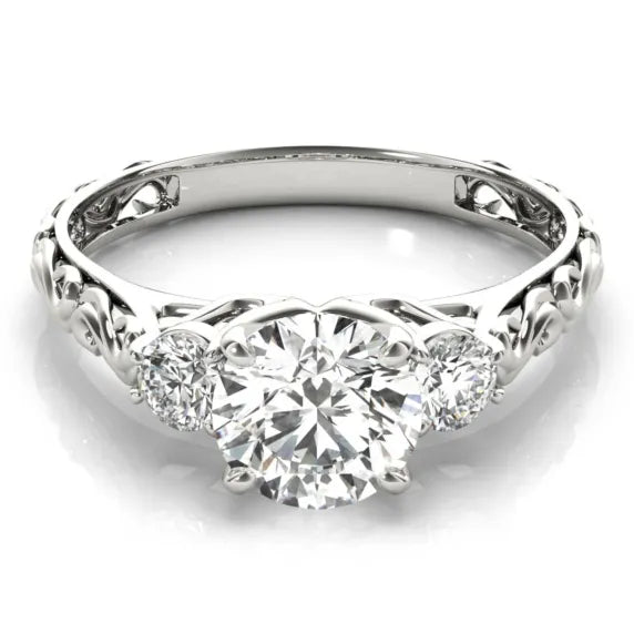 Filigree 3 Stone 14k White Gold Heart Engagement Ring