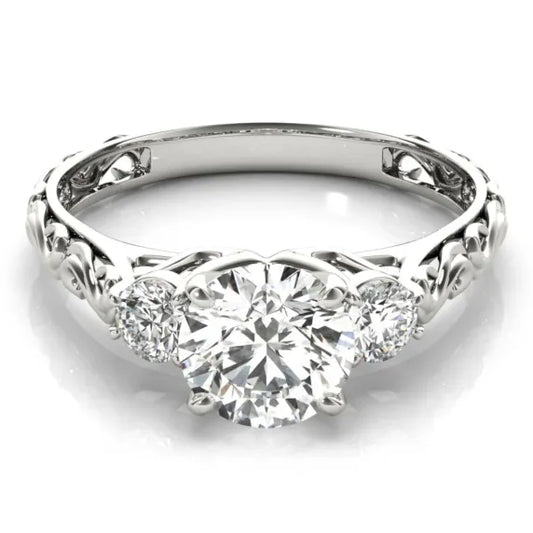 Filigree 3 Stone 14k White Gold Heart Engagement Ring